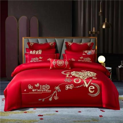 2022新款婚庆四件套大红色刺绣磨毛多件套床单款床盖款 爱恋