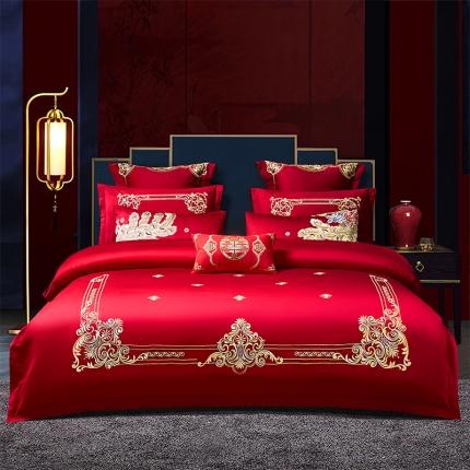 2022新款婚庆四件套大红色刺绣磨毛多件套床单款床盖款 传奇