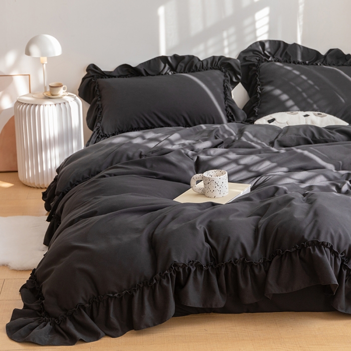 91家纺网 家纺一手货源 找家纺 乐卧 2026新款纯色荷叶边水洗磨毛四件套 爱相随-黑色