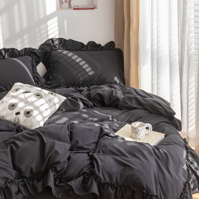 91家纺网 家纺一手货源 找家纺 乐卧 2026新款纯色荷叶边水洗磨毛四件套 爱相随-黑色