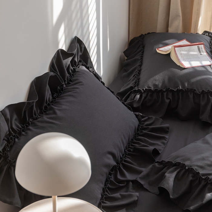 91家纺网 家纺一手货源 找家纺 乐卧 2026新款纯色荷叶边水洗磨毛四件套 爱相随-黑色