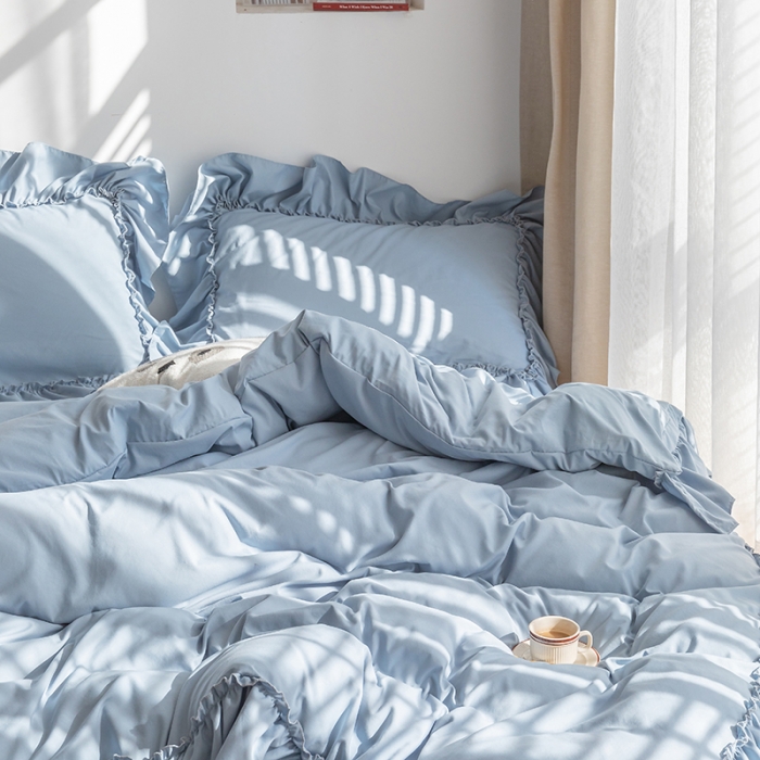 91家纺网 家纺一手货源 找家纺 乐卧 2026新款纯色荷叶边水洗磨毛四件套 爱相随-蓝色