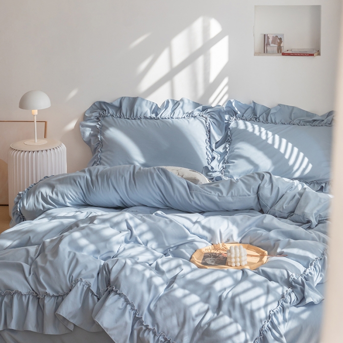 91家纺网 家纺一手货源 找家纺 乐卧 2026新款纯色荷叶边水洗磨毛四件套 爱相随-蓝色