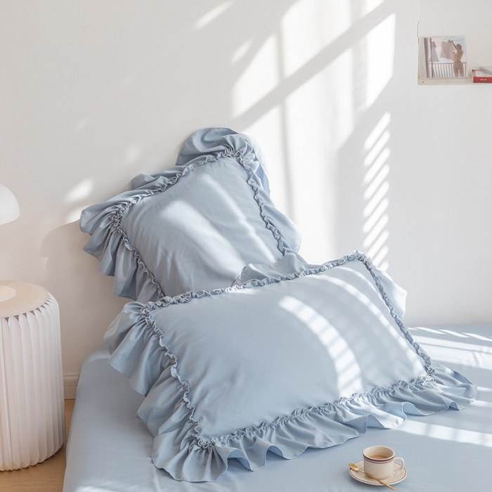 91家纺网 家纺一手货源 找家纺 乐卧 2026新款纯色荷叶边水洗磨毛四件套 爱相随-蓝色