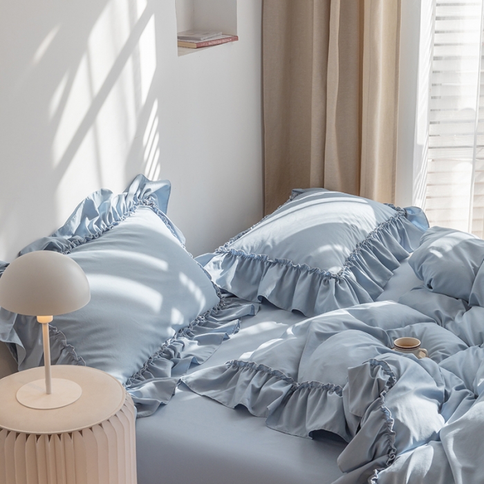 91家纺网 家纺一手货源 找家纺 乐卧 2026新款纯色荷叶边水洗磨毛四件套 爱相随-蓝色