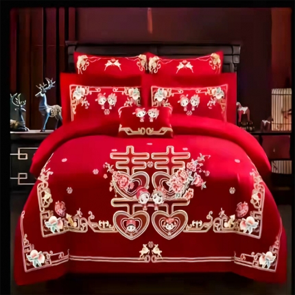 91家纺网 家纺一手货源 找家纺 （总）梦丝语家纺婚庆四件套长绒棉全棉圆角床单式一件代发