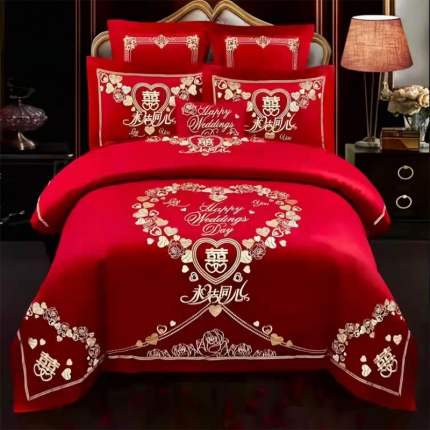 91家纺网 家纺一手货源 找家纺 （总）梦丝语家纺婚庆四件套长绒棉全棉圆角床单式一件代发