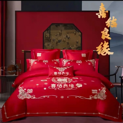 91家纺网 家纺一手货源 找家纺 （总）梦丝语家纺婚庆四件套长绒棉全棉圆角床单式一件代发