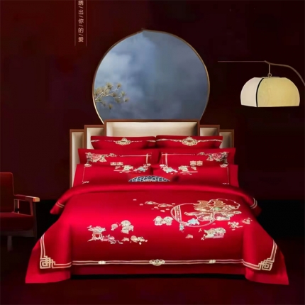 91家纺网 家纺一手货源 找家纺 （总）梦丝语家纺婚庆四件套长绒棉全棉圆角床单式一件代发
