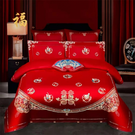 91家纺网 家纺一手货源 找家纺 （总）梦丝语家纺婚庆四件套长绒棉全棉圆角床单式一件代发