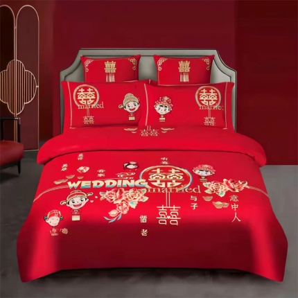 91家纺网 家纺一手货源 找家纺 （总）梦丝语家纺婚庆四件套长绒棉全棉圆角床单式一件代发