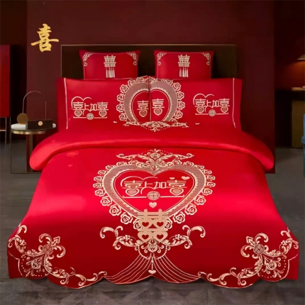 91家纺网 家纺一手货源 找家纺 （总）梦丝语家纺婚庆四件套长绒棉全棉圆角床单式一件代发