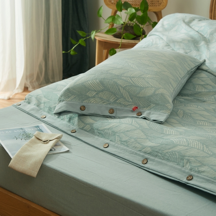 91家纺网 家纺一手货源 找家纺 （总）安莱2021新款双层纱大提花纽扣款落叶缤纷工艺款四件套