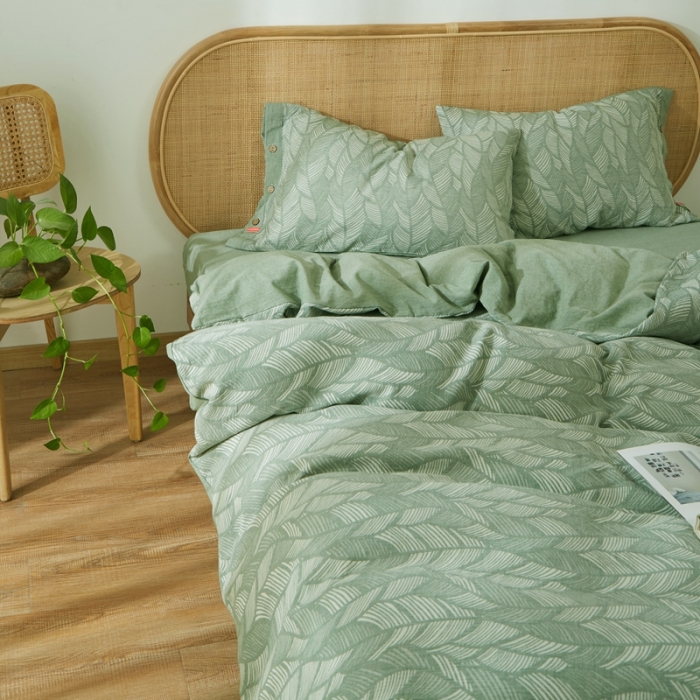 91家纺网 家纺一手货源 找家纺 安莱2021新款双层纱大提花纽扣款工艺款四件套落叶缤纷—草绿