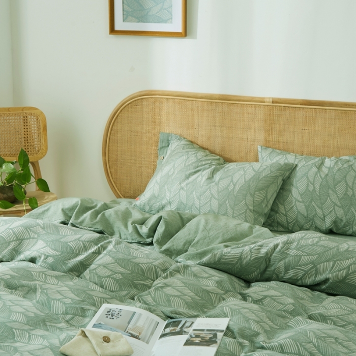 91家纺网 家纺一手货源 找家纺 安莱2021新款双层纱大提花纽扣款工艺款四件套落叶缤纷—草绿