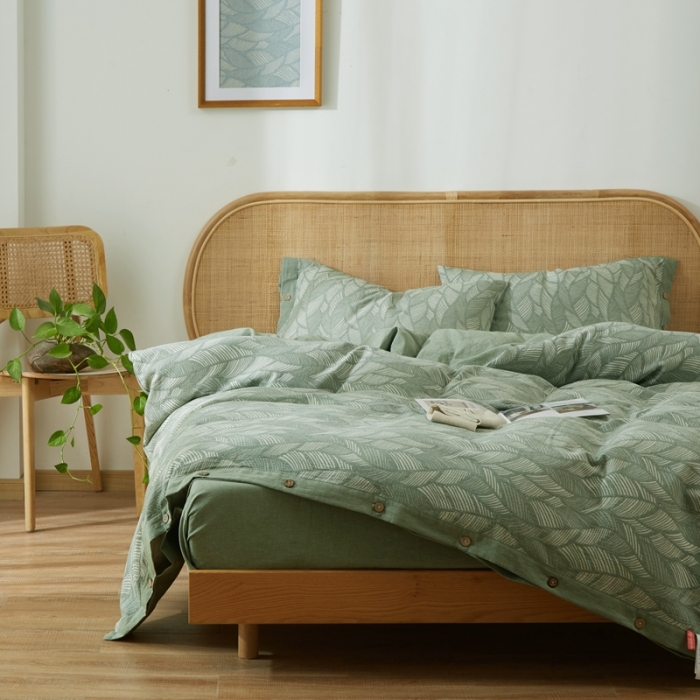 91家纺网 家纺一手货源 找家纺 安莱2021新款双层纱大提花纽扣款工艺款四件套落叶缤纷—草绿