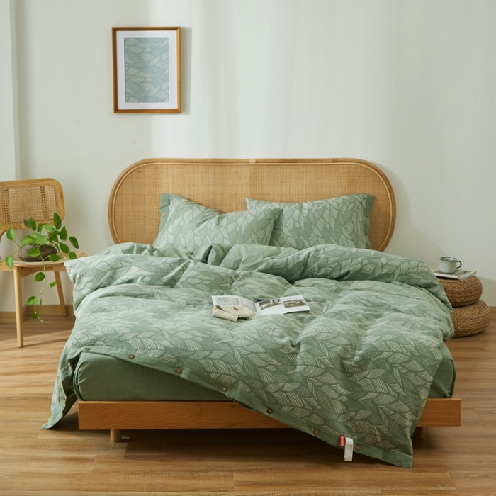 91家纺网 家纺一手货源 找家纺 安莱2021新款双层纱大提花纽扣款工艺款四件套落叶缤纷—草绿