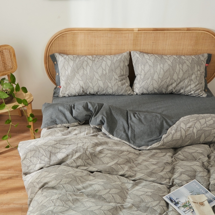 91家纺网 家纺一手货源 找家纺 安莱2021新款双层纱大提花纽扣款工艺款四件套落叶缤纷—深黑