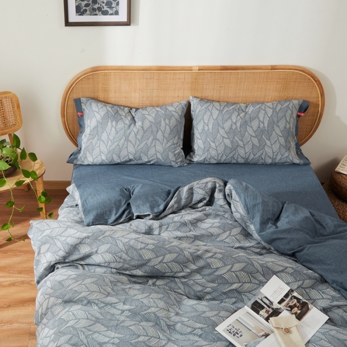 91家纺网 家纺一手货源 找家纺 安莱2021新款双层纱大提花纽扣款工艺款四件套落叶缤纷—深蓝