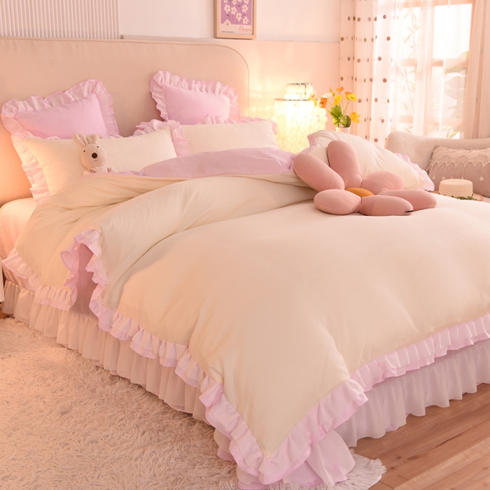 91家纺网 家纺一手货源 找家纺 欧冠 2022新款公主风爱恋系列四件套 爱恋-粉白