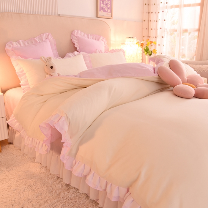 91家纺网 家纺一手货源 找家纺 欧冠 2022新款公主风爱恋系列四件套 爱恋-粉白