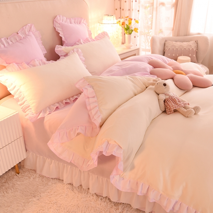 91家纺网 家纺一手货源 找家纺 欧冠 2022新款公主风爱恋系列四件套 爱恋-粉白