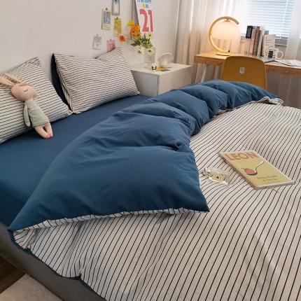 91家纺网 家纺一手货源 找家纺 优承佳 2023新款日系简约风格子磨毛四件套 白条蓝