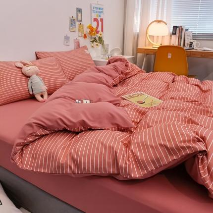 91家纺网 家纺一手货源 找家纺 优承佳 2023新款日系简约风格子磨毛四件套 豆沙条