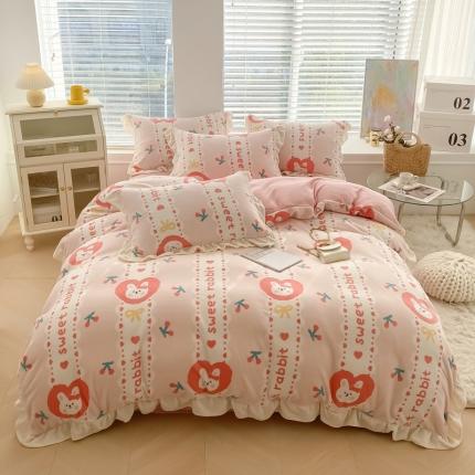 91家纺网 家纺一手货源 找家纺 米莱家纺 2021新款韩版牛奶绒花边四件套 菲菲兔