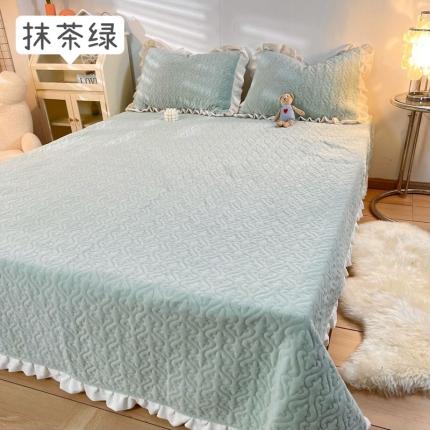 91家纺网 家纺一手货源 找家纺 沐辰2021新款加厚牛奶绒荷叶边款床盖 抹茶绿