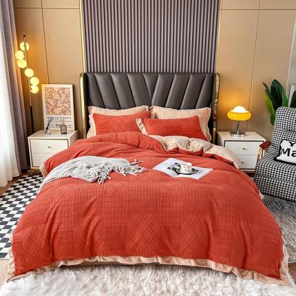 91家纺网 家纺一手货源 找家纺 青竹苑 2021新款230克A类素色牛奶绒雕花四件套 安娜-奶油橙