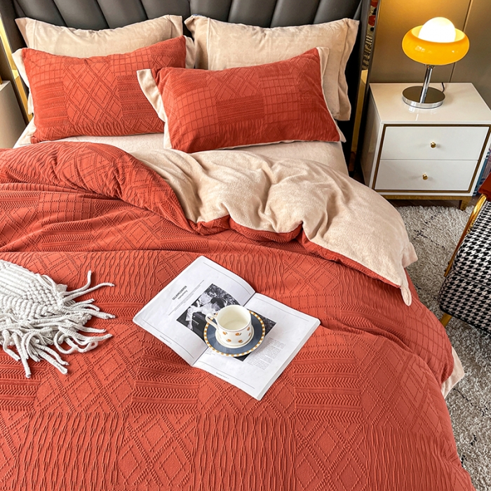 91家纺网 家纺一手货源 找家纺 青竹苑 2021新款230克A类素色牛奶绒雕花四件套 安娜-奶油橙