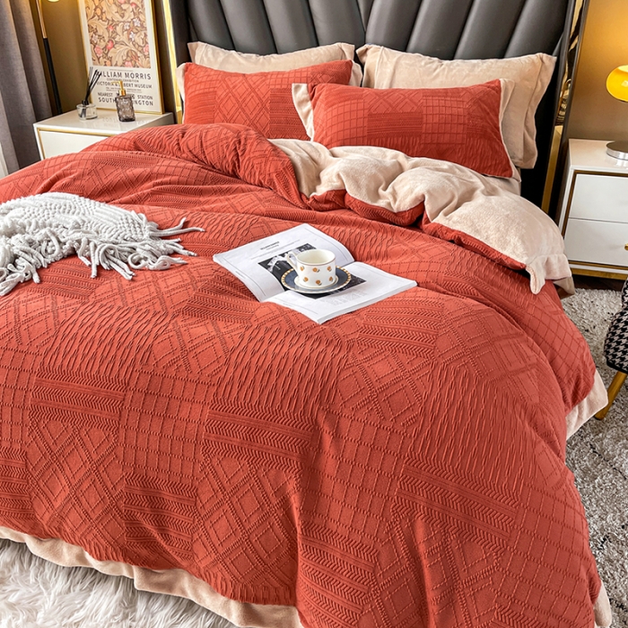 91家纺网 家纺一手货源 找家纺 青竹苑 2021新款230克A类素色牛奶绒雕花四件套 安娜-奶油橙