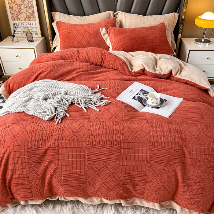 91家纺网 家纺一手货源 找家纺 青竹苑 2021新款230克A类素色牛奶绒雕花四件套 安娜-奶油橙