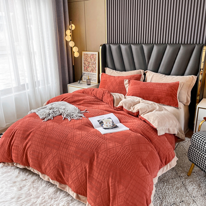 91家纺网 家纺一手货源 找家纺 青竹苑 2021新款230克A类素色牛奶绒雕花四件套 安娜-奶油橙