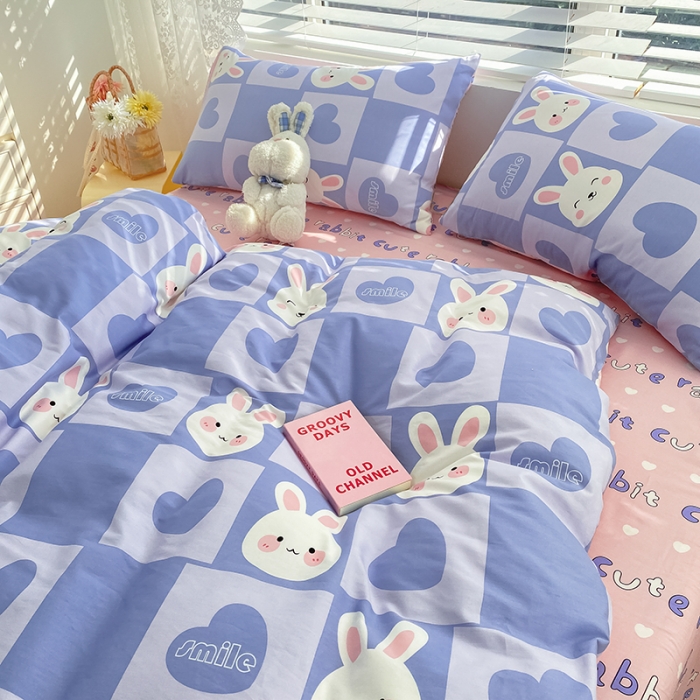 91家纺网 家纺一手货源 找家纺 曼之夏 2022新款13372全棉清新印花四件套 宝心软糖兔