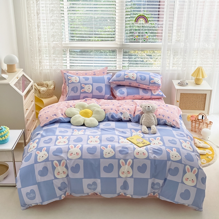 91家纺网 家纺一手货源 找家纺 曼之夏 2022新款13372全棉清新印花四件套 宝心软糖兔