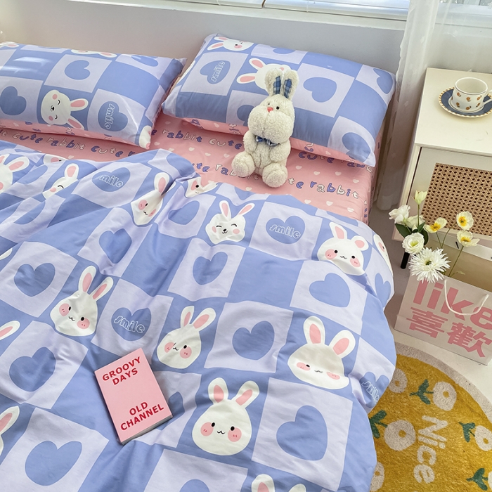 91家纺网 家纺一手货源 找家纺 曼之夏 2022新款13372全棉清新印花四件套 宝心软糖兔