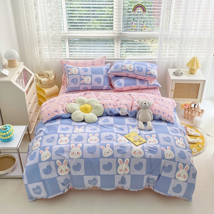 91家纺网 家纺一手货源 找家纺 曼之夏 2022新款13372全棉清新印花四件套 宝心软糖兔