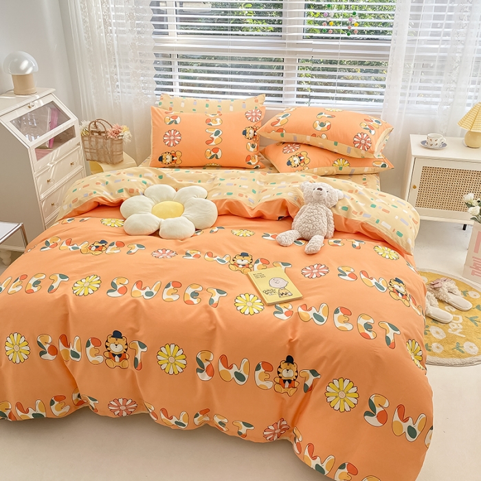 91家纺网 家纺一手货源 找家纺 曼之夏 2022新款13372全棉清新印花四件套 橙花蜜虎