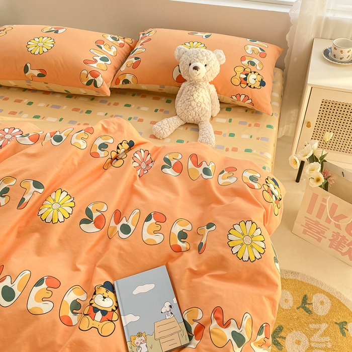 91家纺网 家纺一手货源 找家纺 曼之夏 2022新款13372全棉清新印花四件套 橙花蜜虎