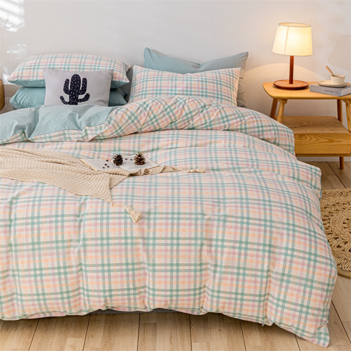 91家纺网 家纺一手货源 找家纺 蓝巢 2021新款全棉色织水洗棉四件套 冰激凌绿