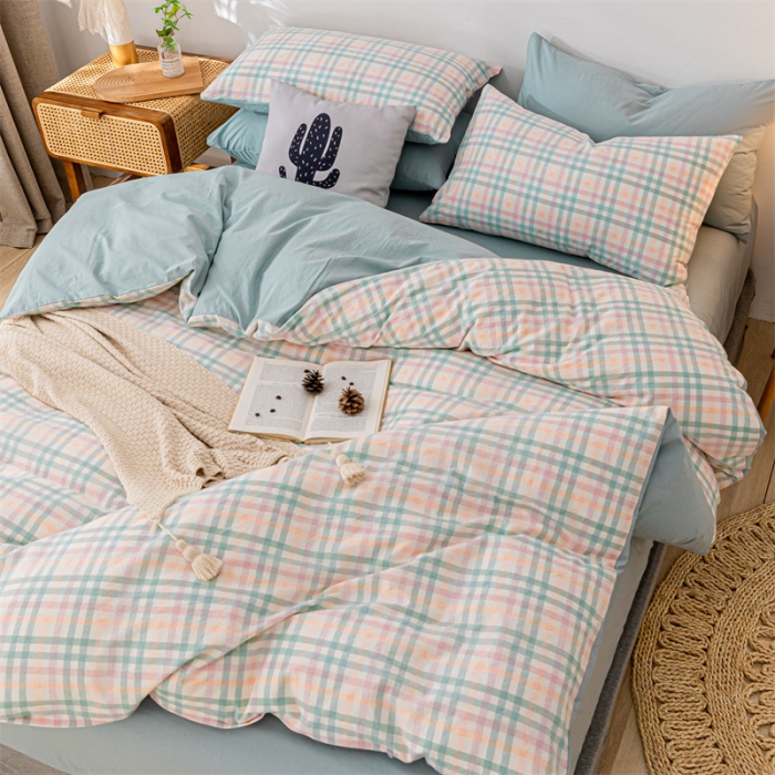 91家纺网 家纺一手货源 找家纺 蓝巢 2021新款全棉色织水洗棉四件套 冰激凌绿