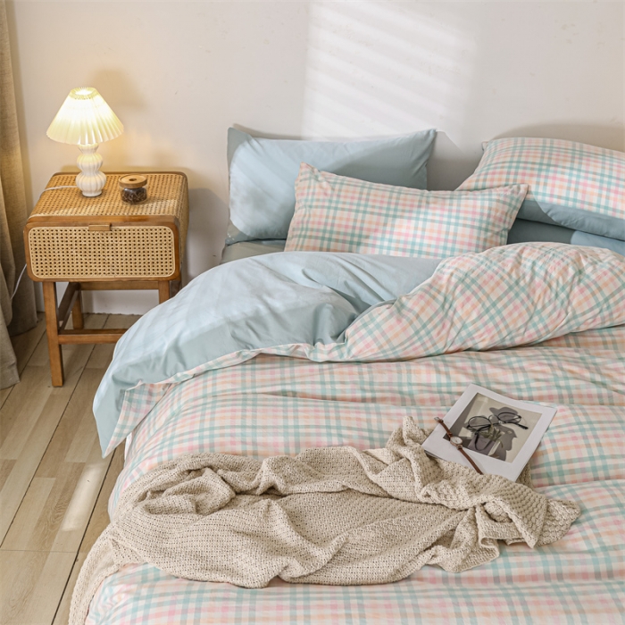 91家纺网 家纺一手货源 找家纺 蓝巢 2021新款全棉色织水洗棉四件套 冰激凌绿