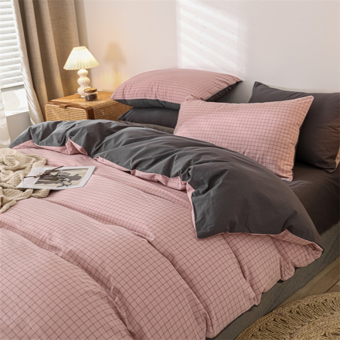 91家纺网 家纺一手货源 找家纺 蓝巢 2021新款全棉色织水洗棉四件套 丁香粉格