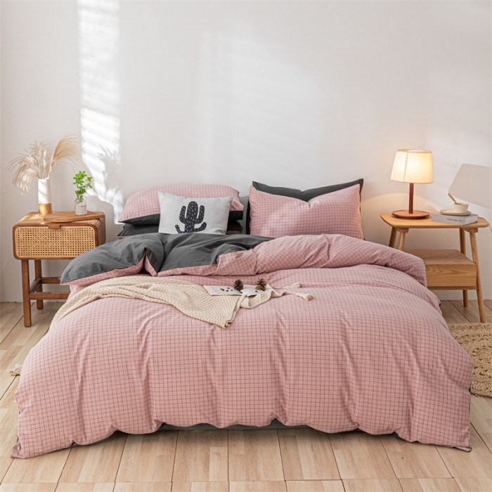 91家纺网 家纺一手货源 找家纺 蓝巢 2021新款全棉色织水洗棉四件套 丁香粉格