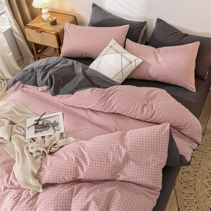 91家纺网 家纺一手货源 找家纺 蓝巢 2021新款全棉色织水洗棉四件套 丁香粉格