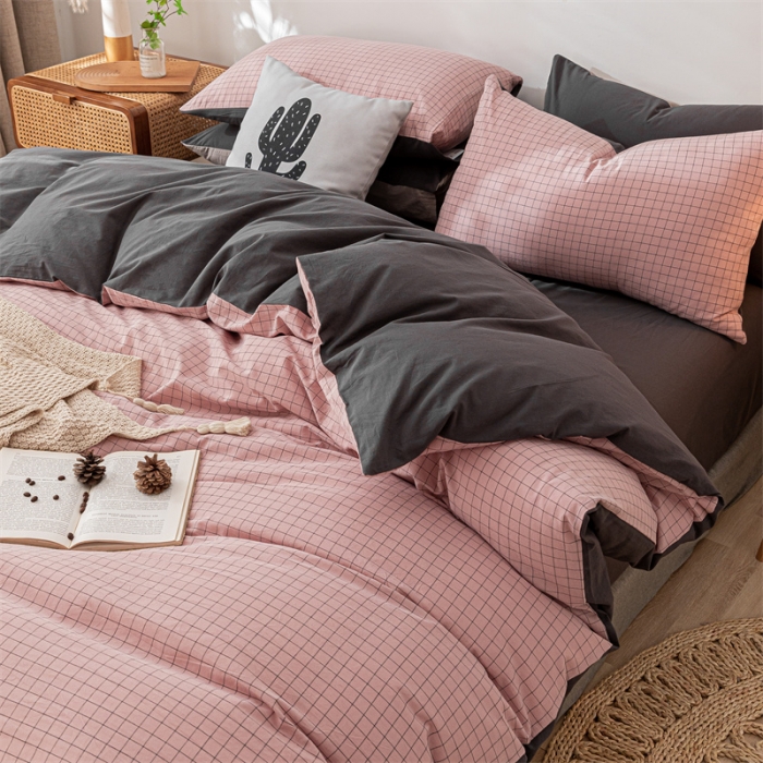 91家纺网 家纺一手货源 找家纺 蓝巢 2021新款全棉色织水洗棉四件套 丁香粉格