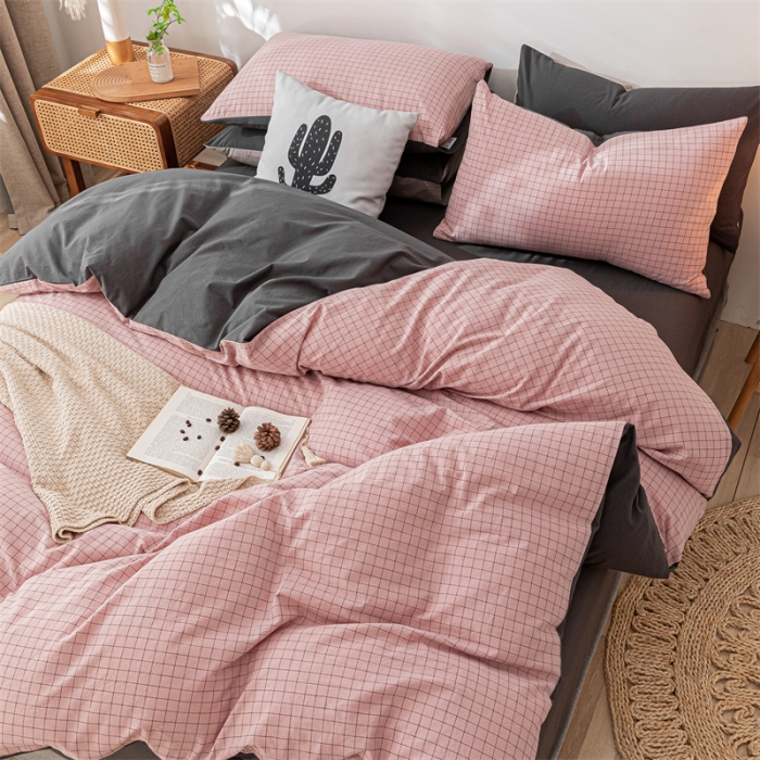 91家纺网 家纺一手货源 找家纺 蓝巢 2021新款全棉色织水洗棉四件套 丁香粉格