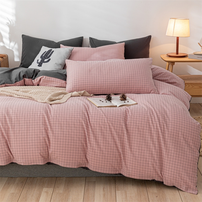 91家纺网 家纺一手货源 找家纺 蓝巢 2021新款全棉色织水洗棉四件套 丁香粉格